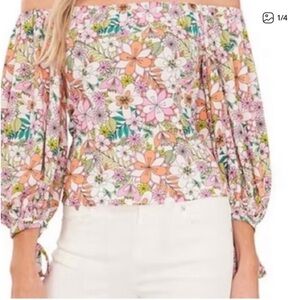 CeCe Pink, Orange & Green Floral Off-Shoulder Flutter Blouse